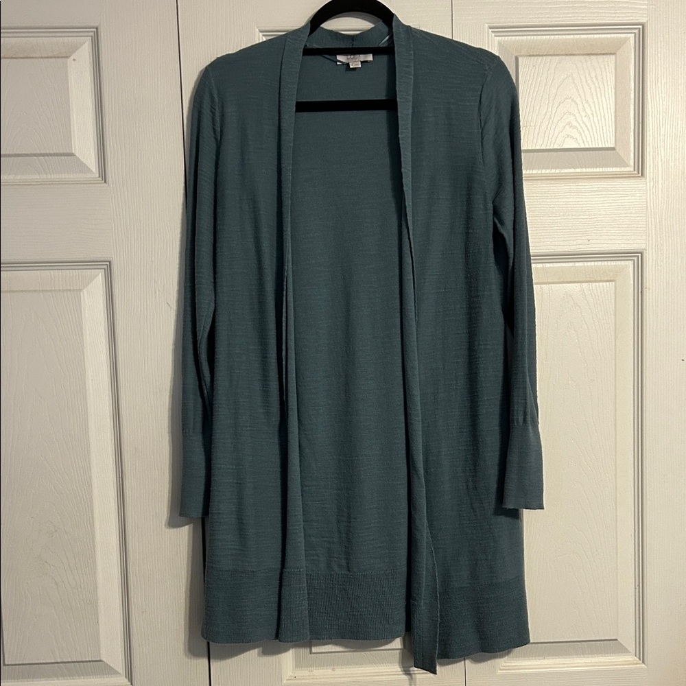 LOFT Open-Front Long Cardigan in Teal Green